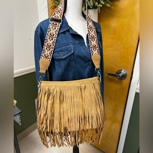 Fringe Crossbody Bag with Patterned Strap